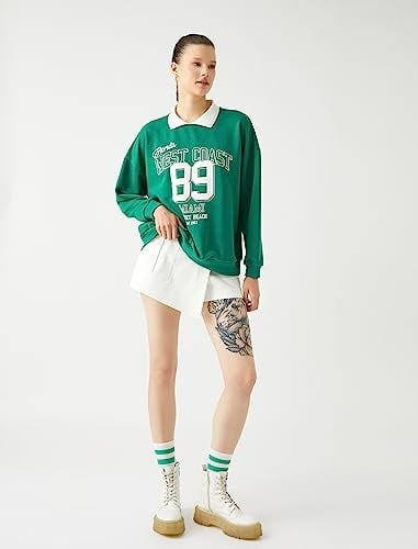 Koton Oversize Sweatshirt Polo Yaka Kolej Baskılı Uzun Kollu Sweatshirt Kadın