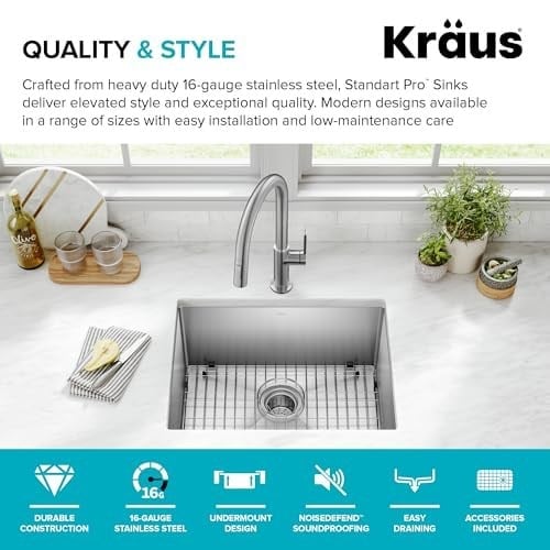 KRAUS Standart PRO 60 cm 16 Ayar Alttan Montaj Tek Kase Paslanmaz Çelik Mutfak Lavabosu, KHU101-23