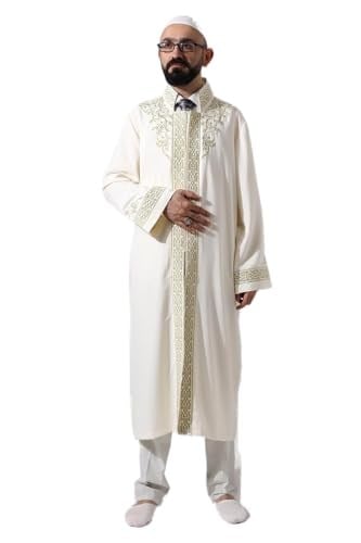 Krem Hakim Yaka Erkek Namaz Elbisesi Şerit Nakış İşlemeli İmam Cübbesi