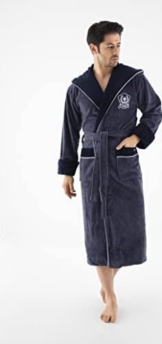 Krem Kapüşonlu Sports Nakışlı BambuPamuklu Erkek Bornozu FÜME L/XL