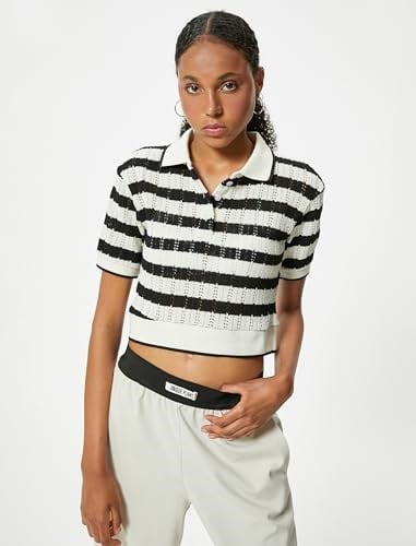 Kroşe Polo Yaka Tişört Crop Kısa Kollu Düğme Detaylı