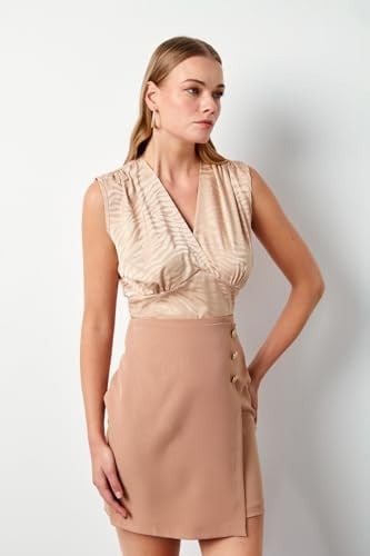 Kruvaze Desenli Saten Bluz - Camel