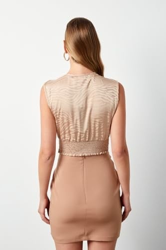 Kruvaze Desenli Saten Bluz - Camel