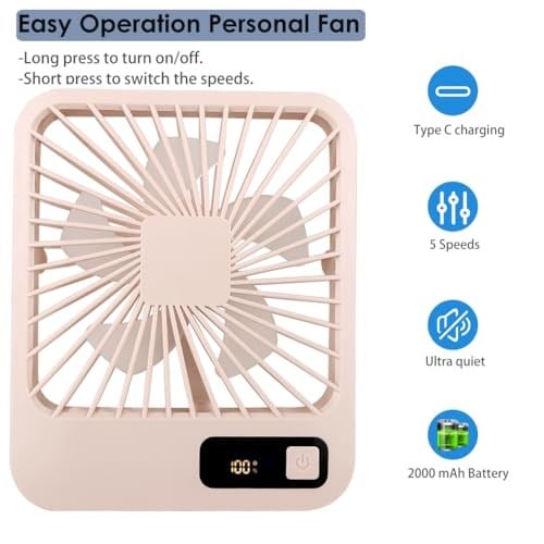 Küçük Masa Fanı, Taşınabilir USB Şarj Edilebilir, 2000mAh Pil ve LCD Ekranlı Eğilebilir Katlanabilir Kişisel Mini Fan, Güçlü Rüzgar, Ultra Sessiz, Ofis, Ev, Kamp için 5 Hız Modu