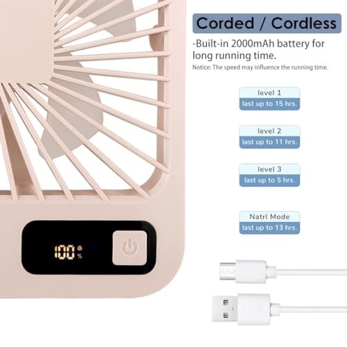 Küçük Masa Fanı, Taşınabilir USB Şarj Edilebilir, 2000mAh Pil ve LCD Ekranlı Eğilebilir Katlanabilir Kişisel Mini Fan, Güçlü Rüzgar, Ultra Sessiz, Ofis, Ev, Kamp için 5 Hız Modu