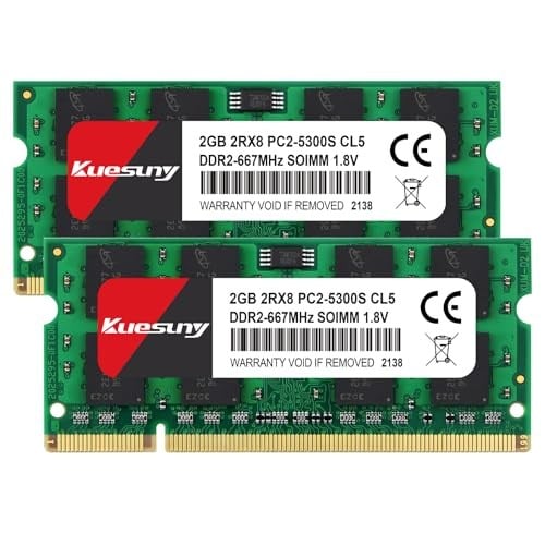 Kuesuny 4 GB Kit (2 x 2 GB) DDR2 667 MHz Sodimm Ram PC2-5300 PC2-5300S 1,8 V CL5 200 Pin 2RX8 ECC içermeyen tamponsuz dizüstü bilgisayar bellek modüllerinin yükseltilmesi