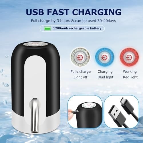 KUFUNG Taşınabilir Su Şişesi Pompası, 5 Galon Evrensel Şişe Elektrikli Su Sebili, Anahtarlı ve USB Şarjlı, Kamp, Mutfak, Atölye, Garaj (Siyah)