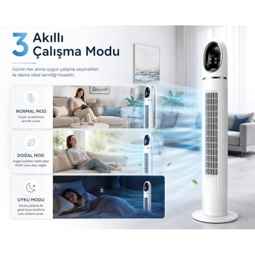 Kule Tipi Vantilatör 45 İnç, Uzaktan Kumandalı, 3 Hız Kademeli, 3 Modlu (Normal/Doğal/Uyku), Salınımlı, Dokunmatik Kontrollü, 24 Saat Zamanlayıcılı, Beyaz