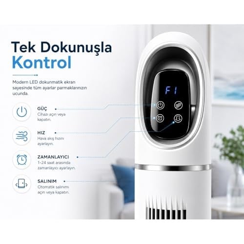 Kule Tipi Vantilatör 45 İnç, Uzaktan Kumandalı, 3 Hız Kademeli, 3 Modlu (Normal/Doğal/Uyku), Salınımlı, Dokunmatik Kontrollü, 24 Saat Zamanlayıcılı, Beyaz