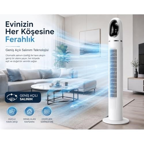 Kule Tipi Vantilatör 45 İnç, Uzaktan Kumandalı, 3 Hız Kademeli, 3 Modlu (Normal/Doğal/Uyku), Salınımlı, Dokunmatik Kontrollü, 24 Saat Zamanlayıcılı, Beyaz