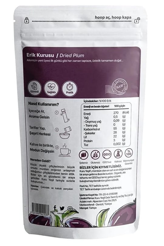Kuru Yeşil Doğal Kuru Erik 50 gr - Şekersiz ve Katkısız, Sağlıklı Atıştırmalık, Yüksek Lifli, Vegan ve Glutensiz Kuru Meyve