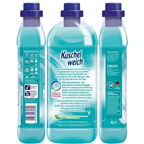 Kuschelweich Yumuşatıcı, tazelik odası, cilde uygunluğu dermatolojik olarak onaylanmıştır, yumuşatıcı Kuschelweich mikro plastik içermez, 1 litre 38 yıkama yüküne kadar, 1037,48 gram