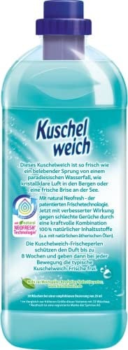 Kuschelweich Yumuşatıcı, tazelik odası, cilde uygunluğu dermatolojik olarak onaylanmıştır, yumuşatıcı Kuschelweich mikro plastik içermez, 1 litre 38 yıkama yüküne kadar, 1037,48 gram