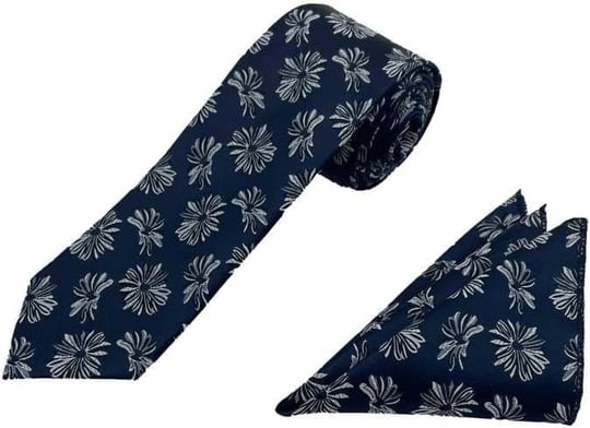 Lacivert Beyaz Motif Desen Kravat Mendil Set