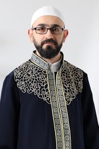 Lacivert Hakim Yaka Erkek Namaz Elbisesi Şerit Nakış İşlemeli İmam Cübbesi