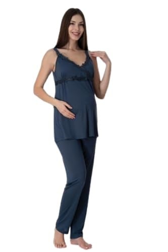 Lacivert Hamile Lohusa Emzirme Özellikli Askılı Pijama Takımı 9032, M, S9032EF-19804IGP27192887