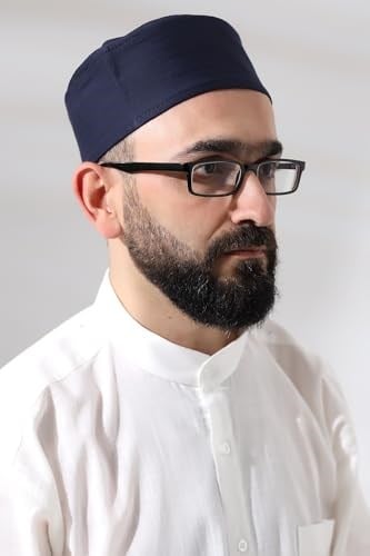 Lacivert Kapitone Nalı Şerif Nakışlı Kalıp Namaz Takkesi