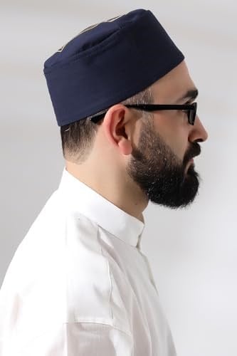 Lacivert Kapitone Nalı Şerif Nakışlı Kalıp Namaz Takkesi