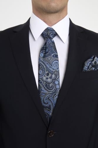 Lacivert Mavi Şal Motif Desen Kravat Mendil Set