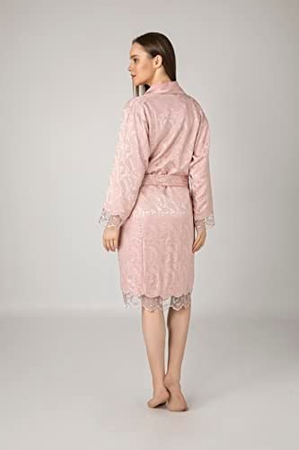 Lacivert Saten Bukle Bambu Cotton Bayan Bornozu Pudra M
