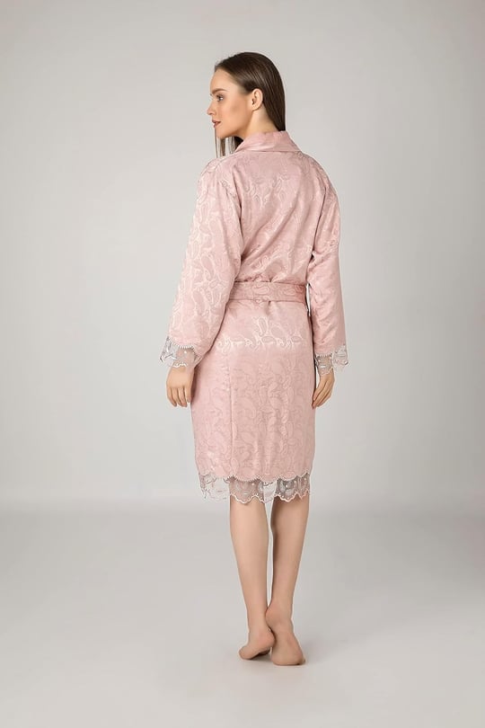 Lacivert Saten Bukle Bambu Cotton Bayan Bornozu Pudra S