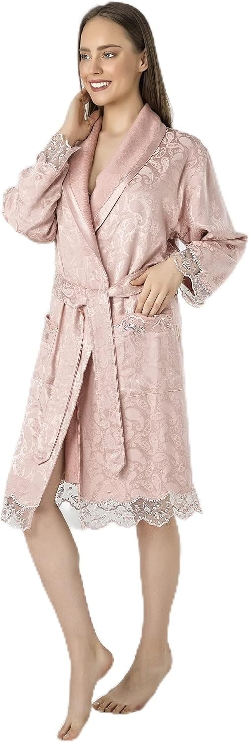 Lacivert Saten Bukle Bambu Cotton Bayan Bornozu Pudra M