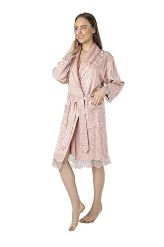 Lacivert Saten Bukle Bambu Cotton Bayan Bornozu Pudra M