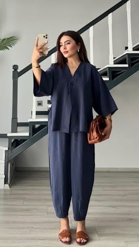 Lacivert Tek Düğme Bluz-Pantolon Takım - Bedenler: S, M