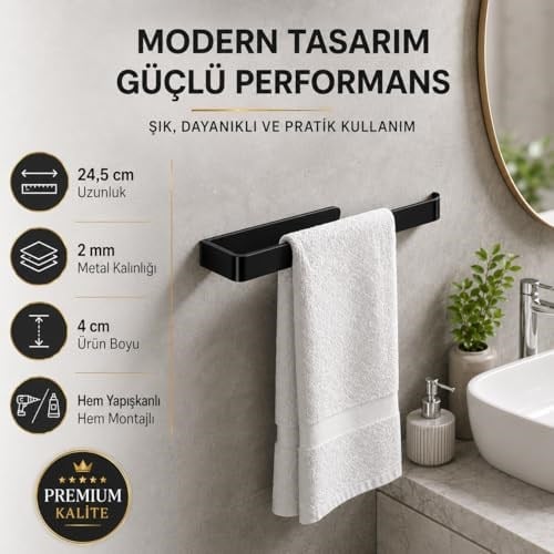 Lamalı Siyah Yapışkanlı Lüks Tasarım Solo Peçetelik, Metal Havluluk, Hem Yapışkanlı Hem Vidalı Montajlı, Banyo ve Mutfak İçin Modern Duvar Havlu Askısı