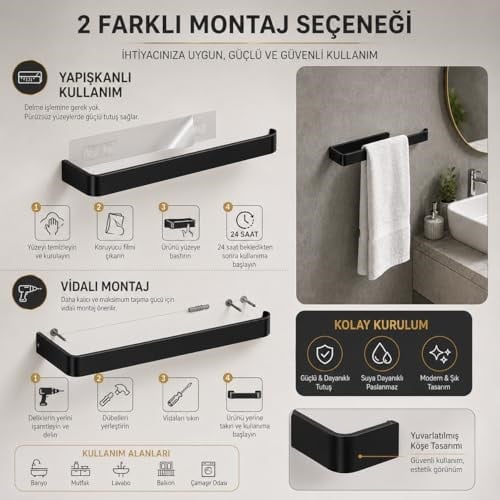 Lamalı Siyah Yapışkanlı Lüks Tasarım Solo Peçetelik, Metal Havluluk, Hem Yapışkanlı Hem Vidalı Montajlı, Banyo ve Mutfak İçin Modern Duvar Havlu Askısı