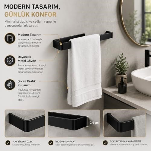 Lamalı Siyah Yapışkanlı Lüks Tasarım Solo Peçetelik, Metal Havluluk, Hem Yapışkanlı Hem Vidalı Montajlı, Banyo ve Mutfak İçin Modern Duvar Havlu Askısı