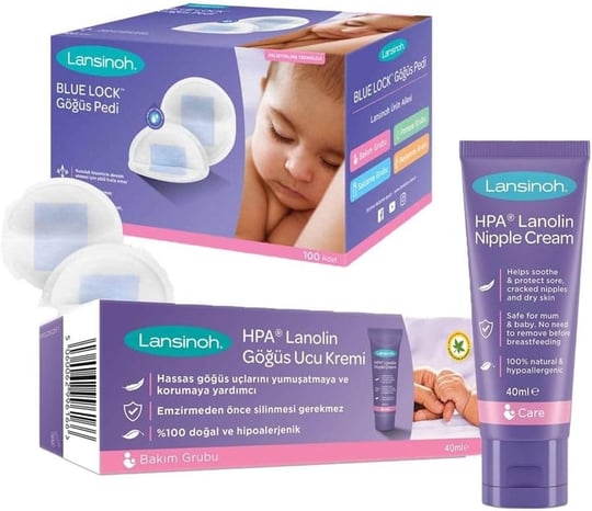 Lansinoh HPA Lanolin Göğüs Ucu Kremi 40 ml + Blue Lock Göğüs Pedi 100 Adet Seti