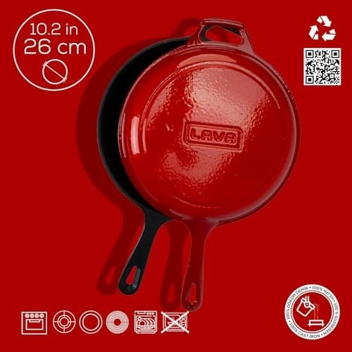 Lava Döküm Combo Derin Tava / Saplı Tencere ve Kızartma Tavası, Metal Saplı Kapaklı, 26cm, Kırmızı
