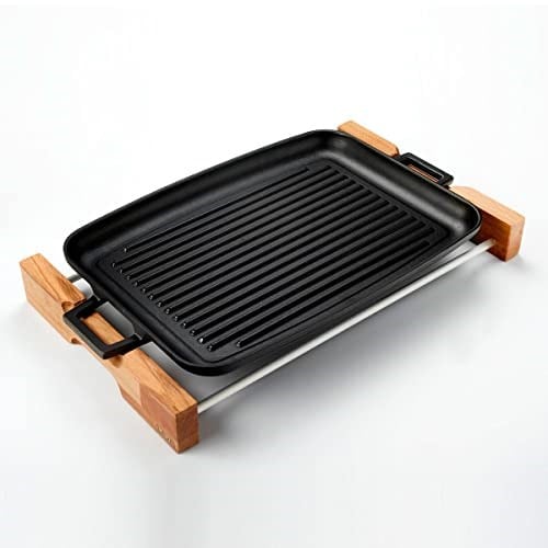 Lava Döküm Grill Tepsi, Izgara Yüzeyli, Metal Kulplu, Ahşap Standlı, 31x42cm