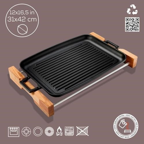 Lava Döküm Grill Tepsi, Izgara Yüzeyli, Metal Kulplu, Ahşap Standlı, 31x42cm