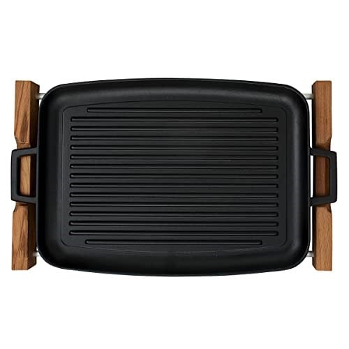 Lava Döküm Grill Tepsi, Izgara Yüzeyli, Metal Kulplu, Ahşap Standlı, 31x42cm