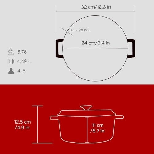 Lava Döküm Yuvarlak Tencere, Trendy, 24 cm, 4.49 L Hacim, Kırmızı