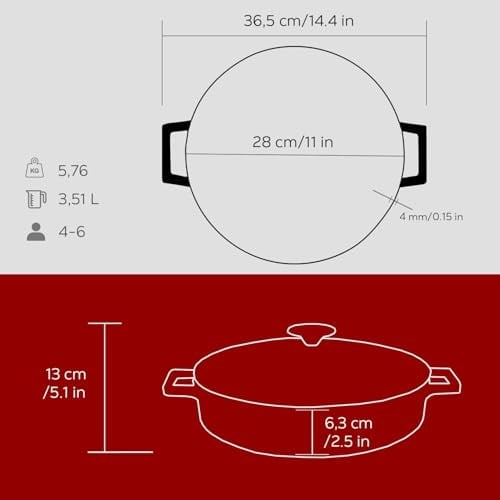 Lava Metal Döküm Çok Amaçlı Yayvan Tencere, Trendy, 28 cm, 3.51 L Hacim, Kırmızı