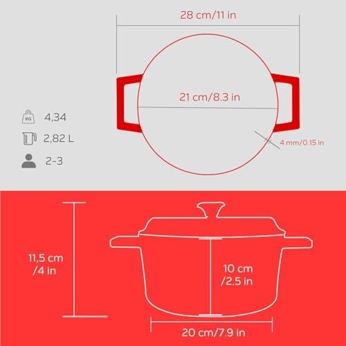 Lava Metal Spring Serisi - Döküm Tencere, Yuvarlak, 20 cm, Mat Emaye, Parlak Siyah Taban, Kırmızı