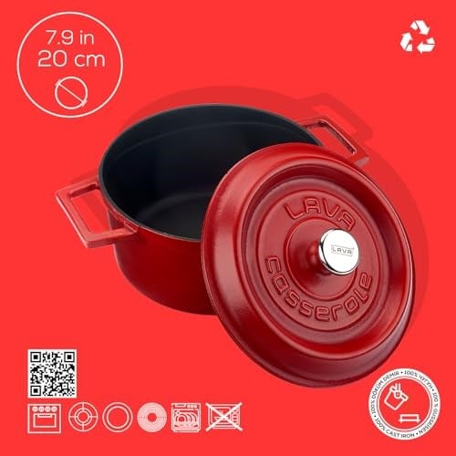 Lava Metal Spring Serisi - Döküm Tencere, Yuvarlak, 20 cm, Mat Emaye, Parlak Siyah Taban, Kırmızı