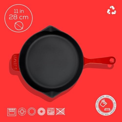 Lava Spring Serisi, Döküm Kızartma Tavası, Yuvarlak, 28 cm, Mat Emaye, Parlak Siyah Taban, Kırmızı
