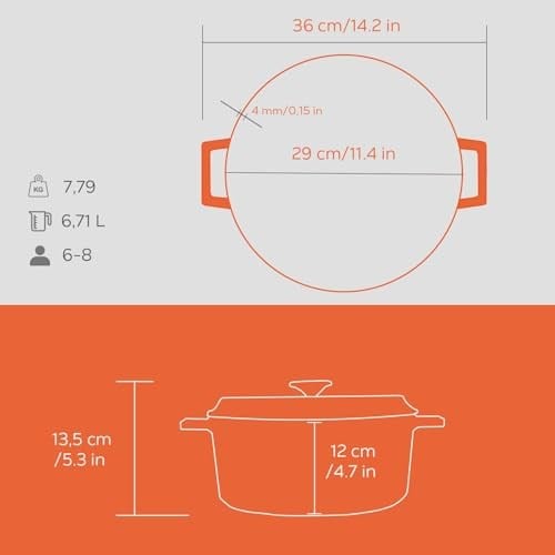 Lava Spring Serisi - Döküm Tencere, Yuvarlak, 28 cm, Mat Emaye, Parlak Siyah Taban, Turuncu