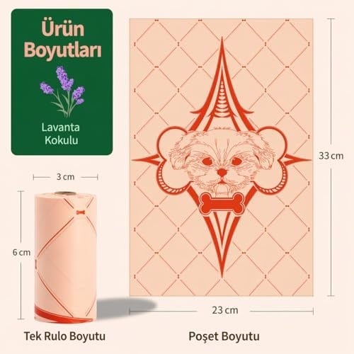 Lavantalı Köpek Dışkı Poşeti – 300 Adet / 20 Rulo, Ekstra Kalın & Dayanıklı, Sızdırmaz, Çevre Dostu (Turuncu)