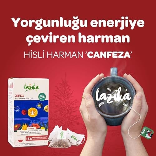 Lazika Canfeza Beije Çayı – Enerji Veren & Mutluluk Destekleyici Bitki Çayı, Kafeinsiz, 18’li Piramit Poşet