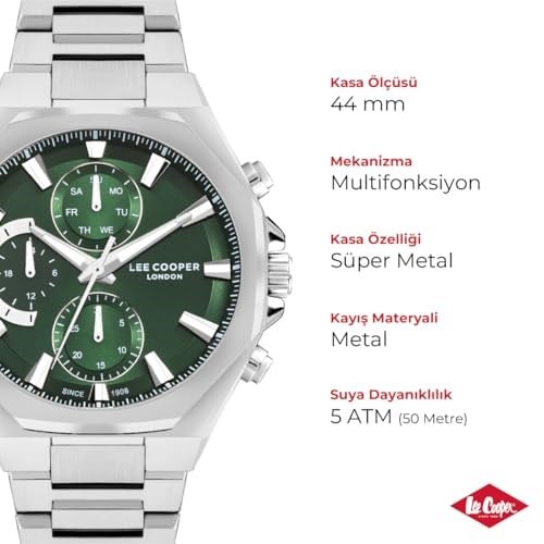 LEE COOPER, GÜMÜŞ KASA, GÜMÜŞ KORDON, YEŞİL KADRAN, MULTİFONKSİYON, QUARTZ, 44MM, 3ATM, ERKEK KOL SAATİ, LC07971.370
