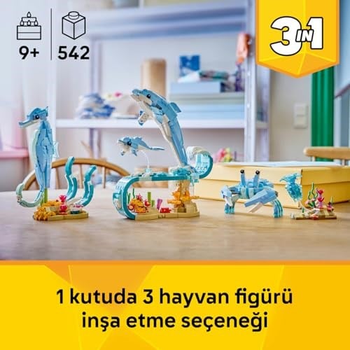 LEGO Creator 3ü 1 Arada Deniz Hayvanları: Güzel Yunuslar 31385 | 9 Yaş ve Üzeri Çocuklar için Denizatı veya Yengece Dönüşebilen Yaratıcı Oyuncak Yapım Seti, Hediye Fikri (542 Parça)