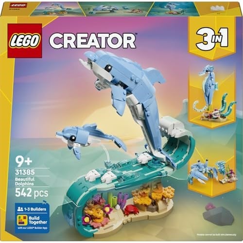 LEGO Creator 3ü 1 Arada Deniz Hayvanları: Güzel Yunuslar 31385 | 9 Yaş ve Üzeri Çocuklar için Denizatı veya Yengece Dönüşebilen Yaratıcı Oyuncak Yapım Seti, Hediye Fikri (542 Parça)
