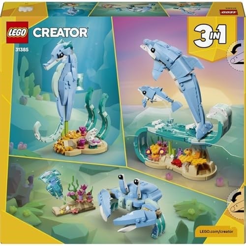 LEGO Creator 3ü 1 Arada Deniz Hayvanları: Güzel Yunuslar 31385 | 9 Yaş ve Üzeri Çocuklar için Denizatı veya Yengece Dönüşebilen Yaratıcı Oyuncak Yapım Seti, Hediye Fikri (542 Parça)