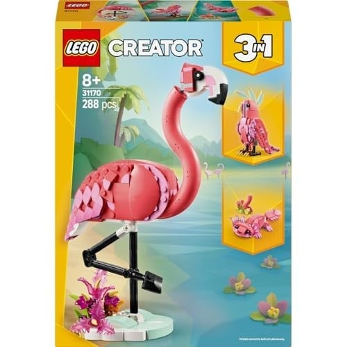 LEGO Creator 3ü 1 Arada Vahşi Hayvanlar: Pembe Flamingo 31170 – 8 Yaş ve Üzeri Kız ve Erkek Çocukları için Kakadu Papağanı veya Aksolotla Dönüşebilen Yaratıcı Oyuncak Seti, Hediye Fikri (288 parça)