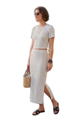 Lela Çizgili Slim Fit Bisiklet Yaka Yırtmaçlı Midi Boy Etekli Crop Takım Bayan TAKIM 5866132 - Bedenler: S, M, L, XL